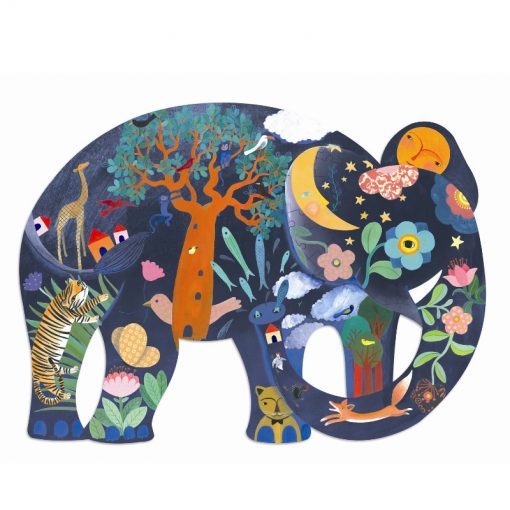 Värikäs palapeli norsun muodossa, jossa eläimiä ja kasveja